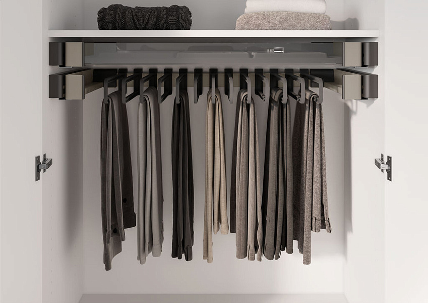 картинка КОМПЛЕКТ Держатель для брюк и юбок выдвижной 320 мм, Конеро W 760-820 мм, D 345 мм, с 11 вешалками, цвет ШАМПАНЬ (5387079853) от магазина Kessebohmer.shop