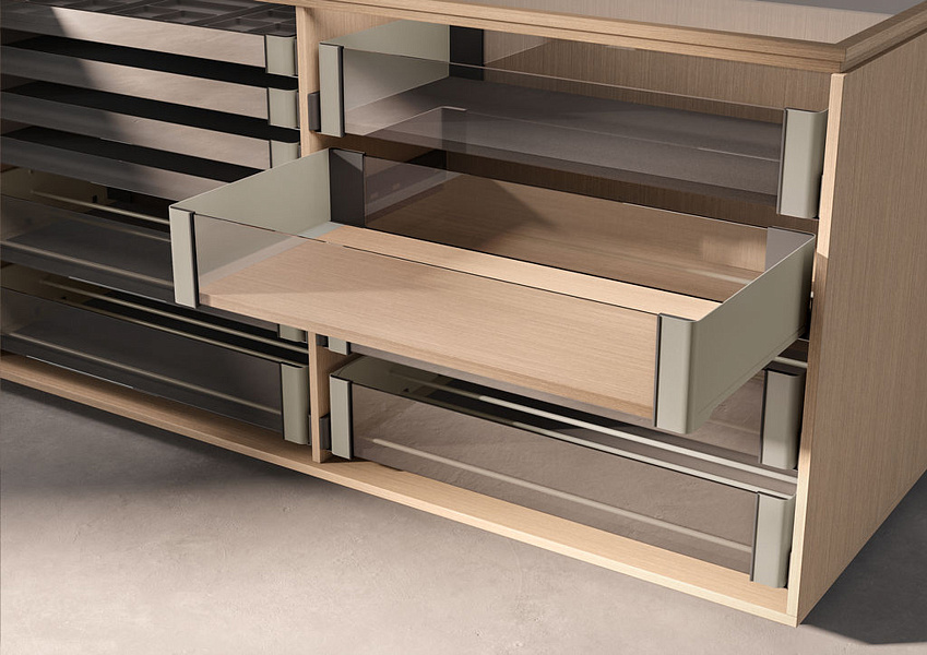 картинка КОМПЛЕКТ Полка внутренняя выдвижная со стеклом 450 мм, Конеро H 168 W 434-494 мм, без дна, ШАМПАНЬ (8486879853) от магазина Kessebohmer.shop