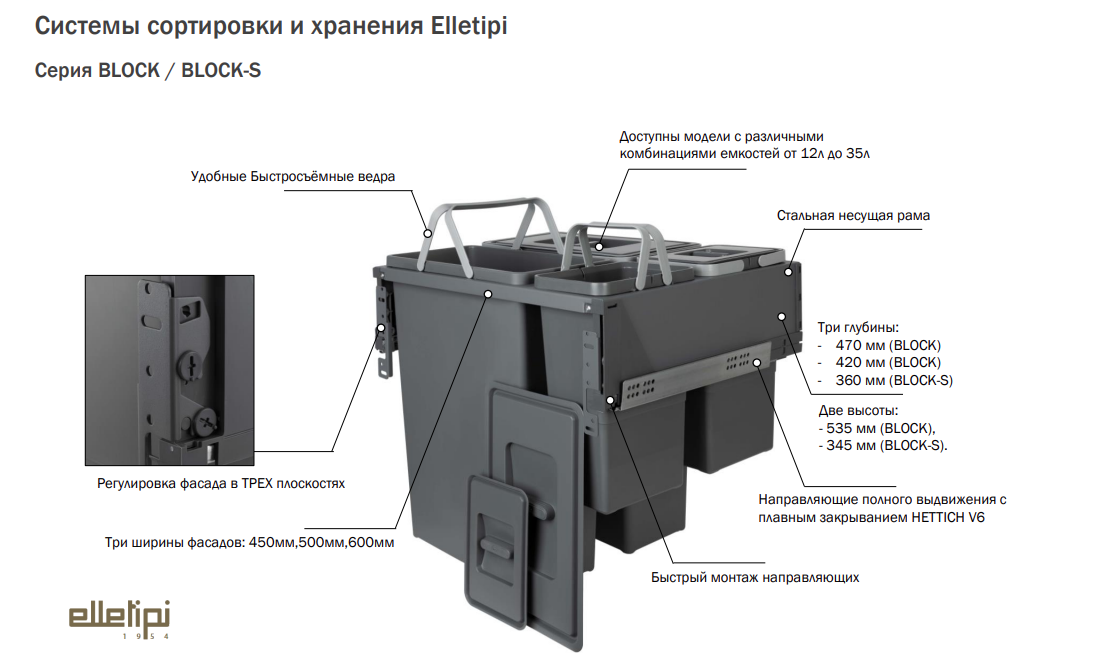 картинка BLOCK 2.0 Система сортировки и хранения 600мм, 2 емкости (35л+35л), крепление к боков., напр.полн. выдвиж., плавн. закр. от магазина Kessebohmer.shop